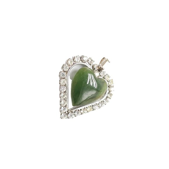 Green Tourmaline Clear Rhinestone Heart Pendant Silver Tone Vintage - Picture 2 of 6